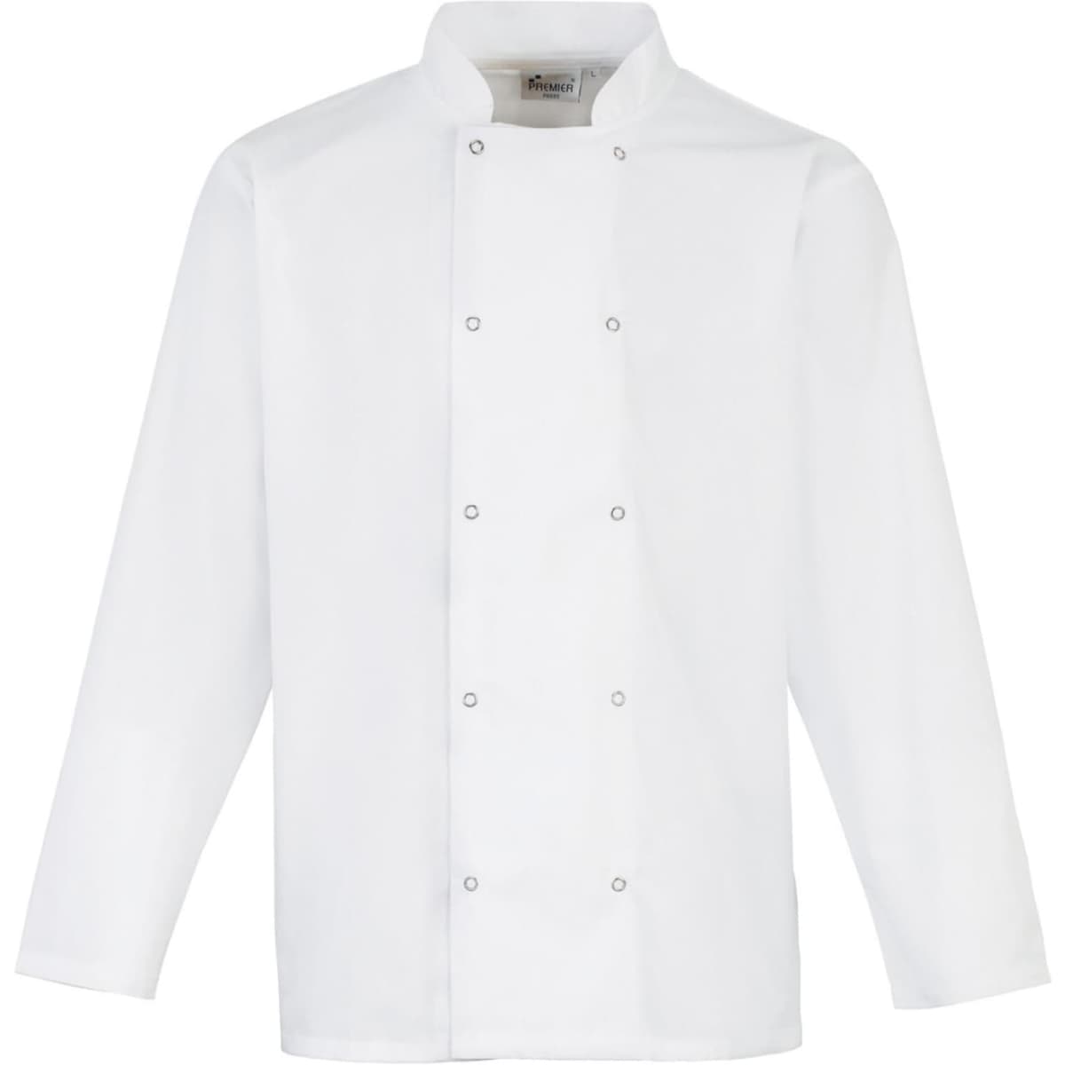 A white studded front L-S chef's jacket with long sleeves and a branded label.