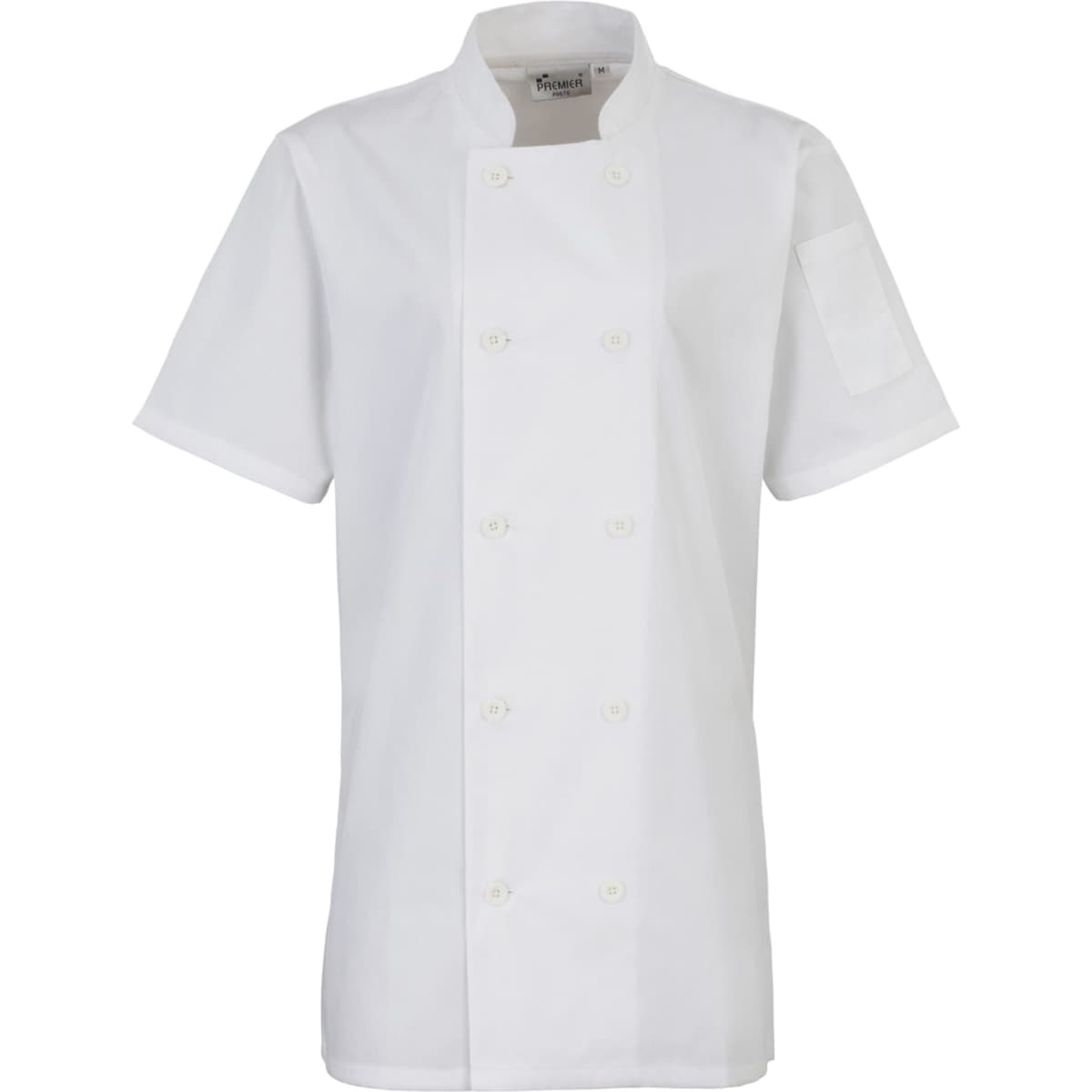 A women's short-sleeve chef's jacket in white, featuring a double-breasted front and a logo on the sleeve.