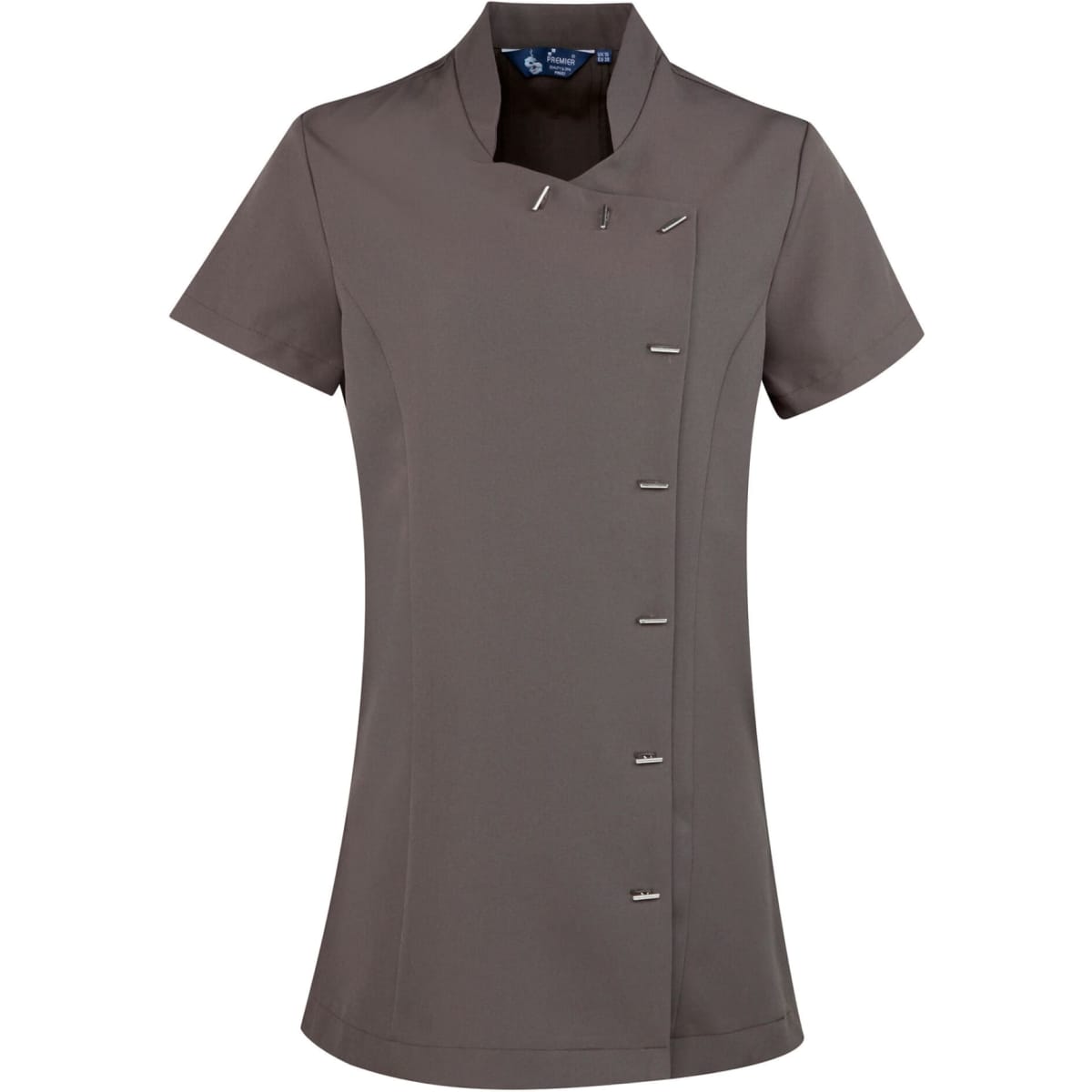 A short-sleeved tunic in a dark grey colour, featuring a stylish neckline and decorative buttons. It has a logo.