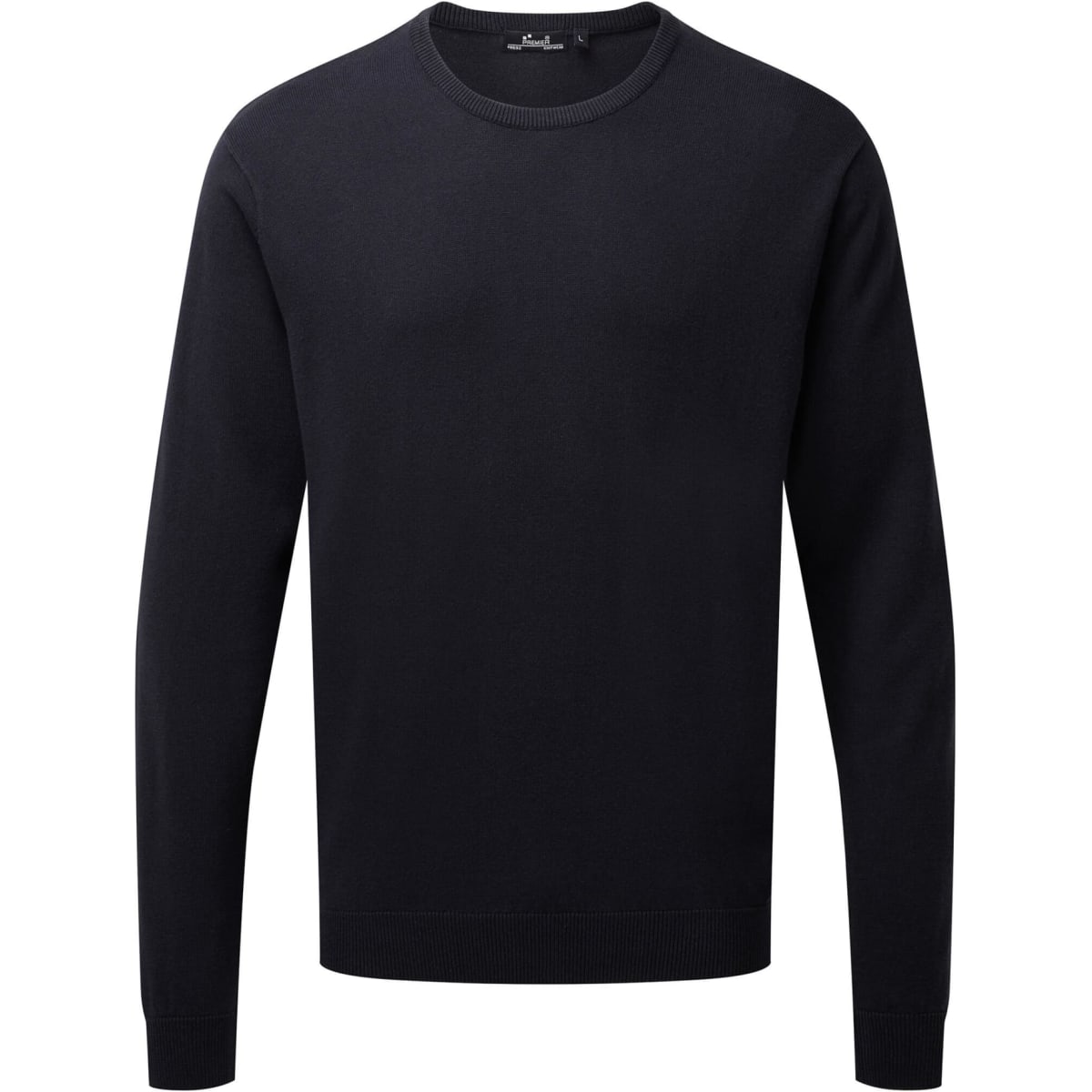 A crew neck sweater in navy blue, featuring long sleeves and a simple design. Includes a logo.
