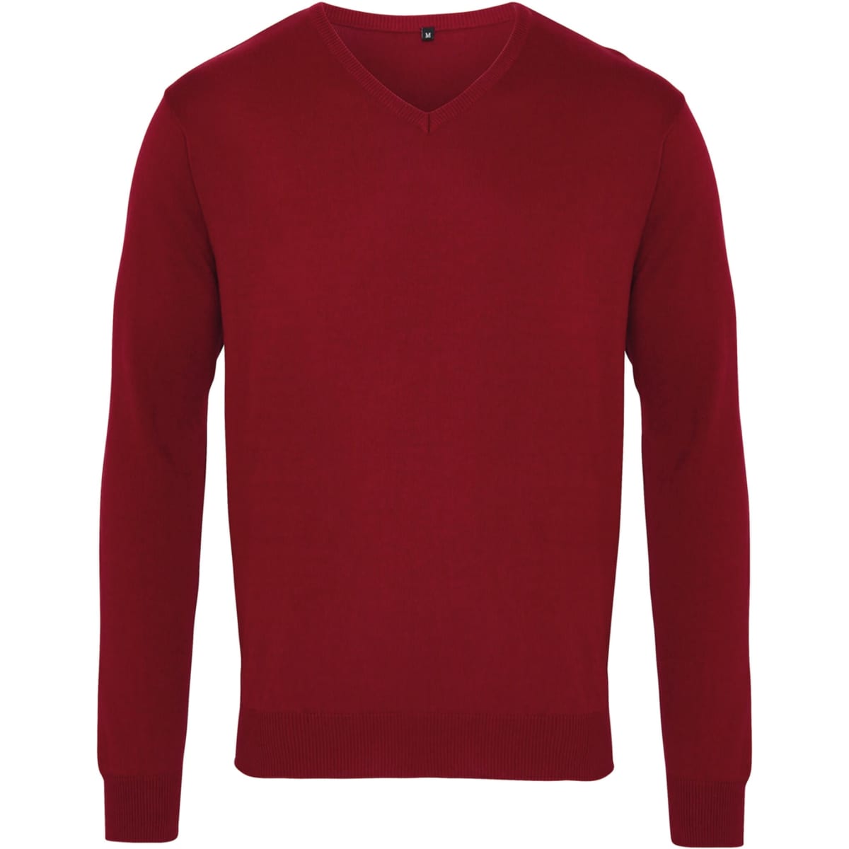 A red V-neck sweater with long sleeves and a ribbed hem, featuring a logo on the label.