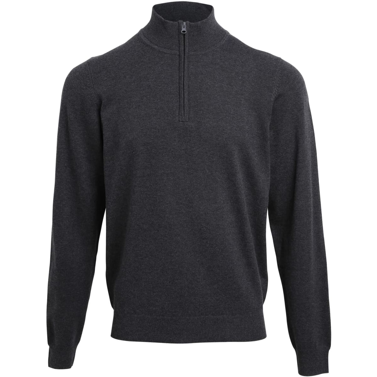 A dark grey 1/4 zip sweater with long sleeves and a collar. It features a small logo on the upper left side.