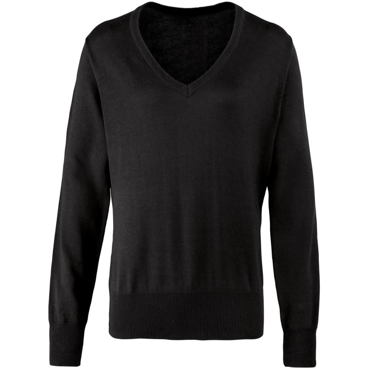 A black women's V-neck sweater with long sleeves and a ribbed hem. It features a simple design and has a logo.