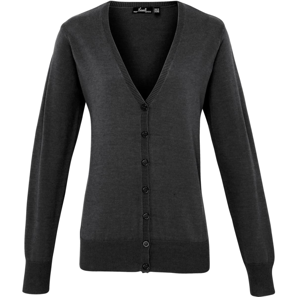 A women's button cardigan in dark grey, featuring a V-neck and long sleeves, with a button-up front.