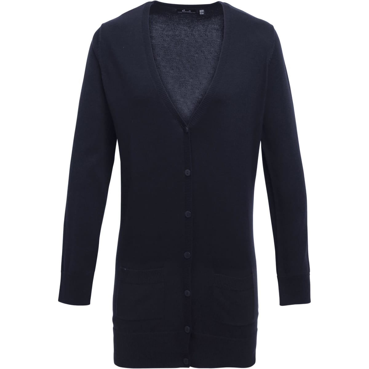 A women's longline cardigan in navy blue, featuring a V-neck, button front, and front pockets.