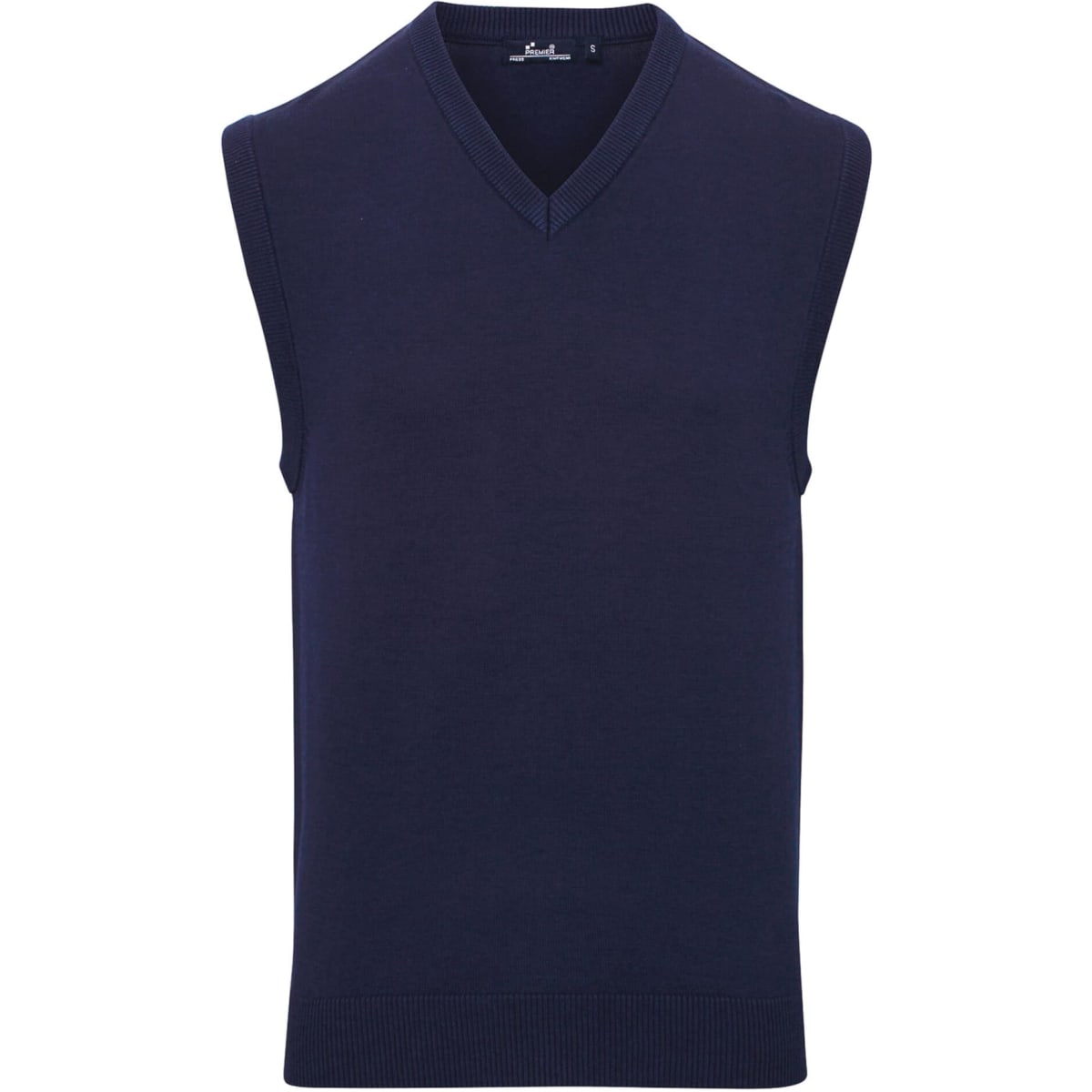 A sleeveless vest in navy blue with a V-neck design and a ribbed hem. It features a logo on the inside.