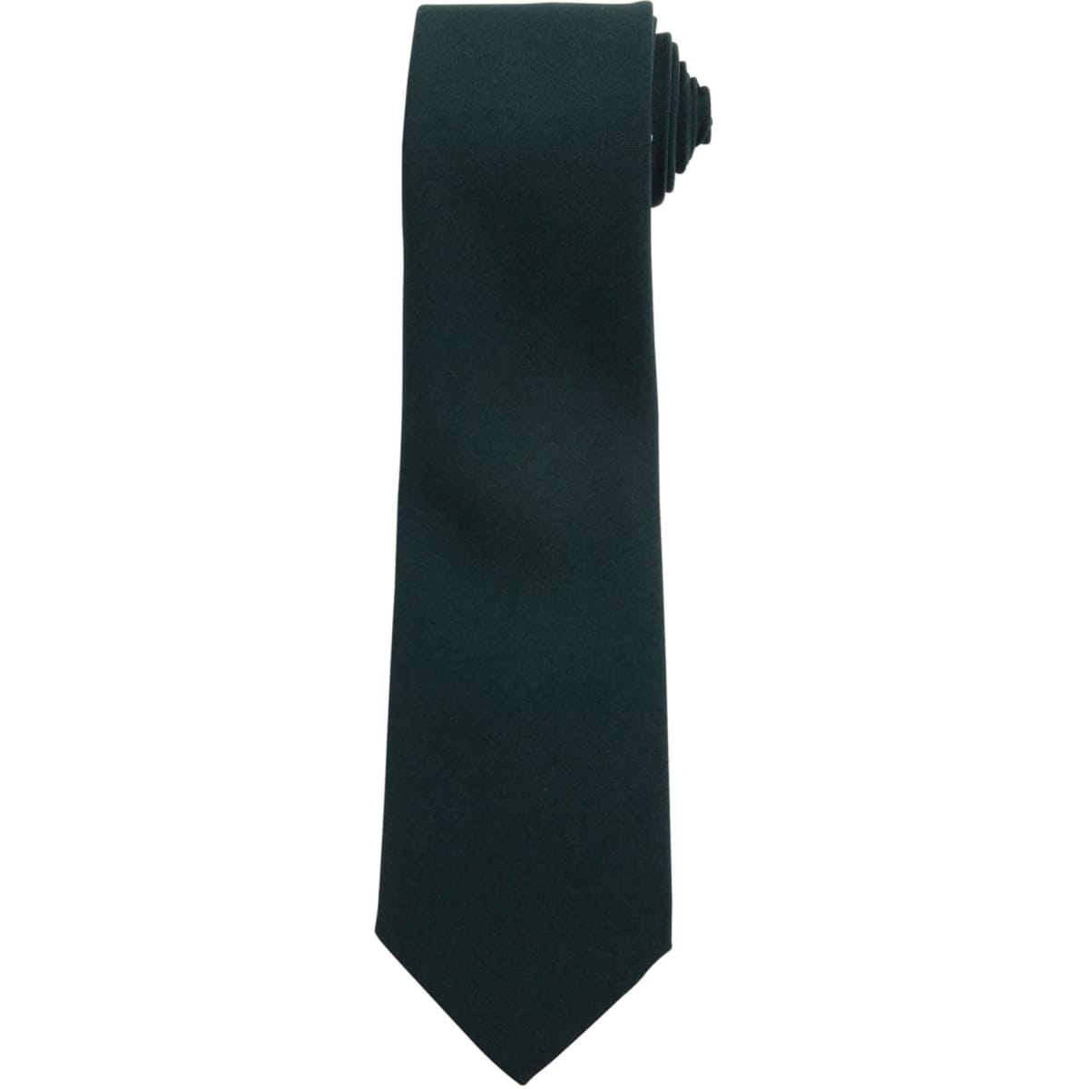 A dark green tie with a slim design, featuring a rolled-up style. It has a simple, elegant look.