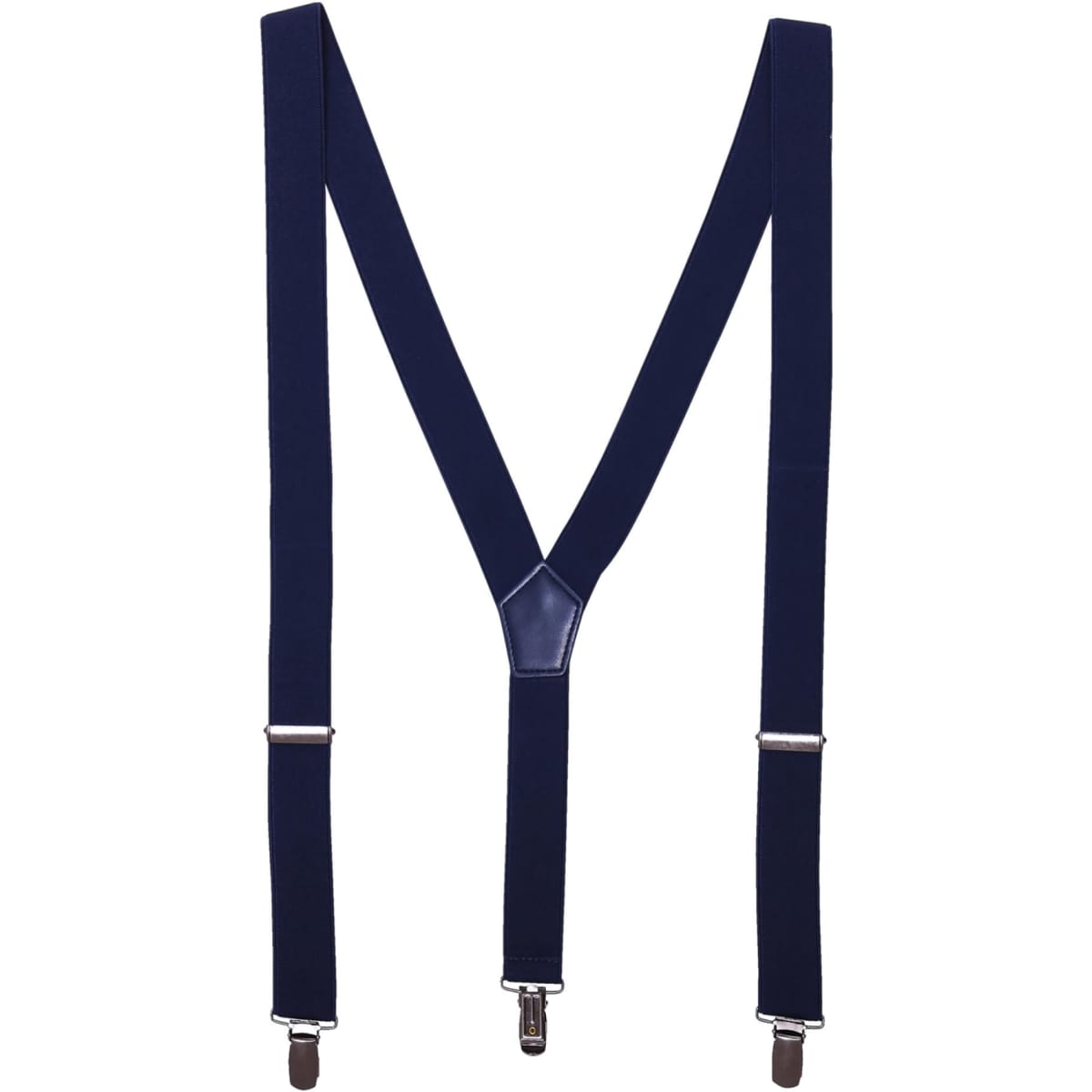 Navy blue clip-on trouser braces with silver clips for fastening. Features a central leather connector.