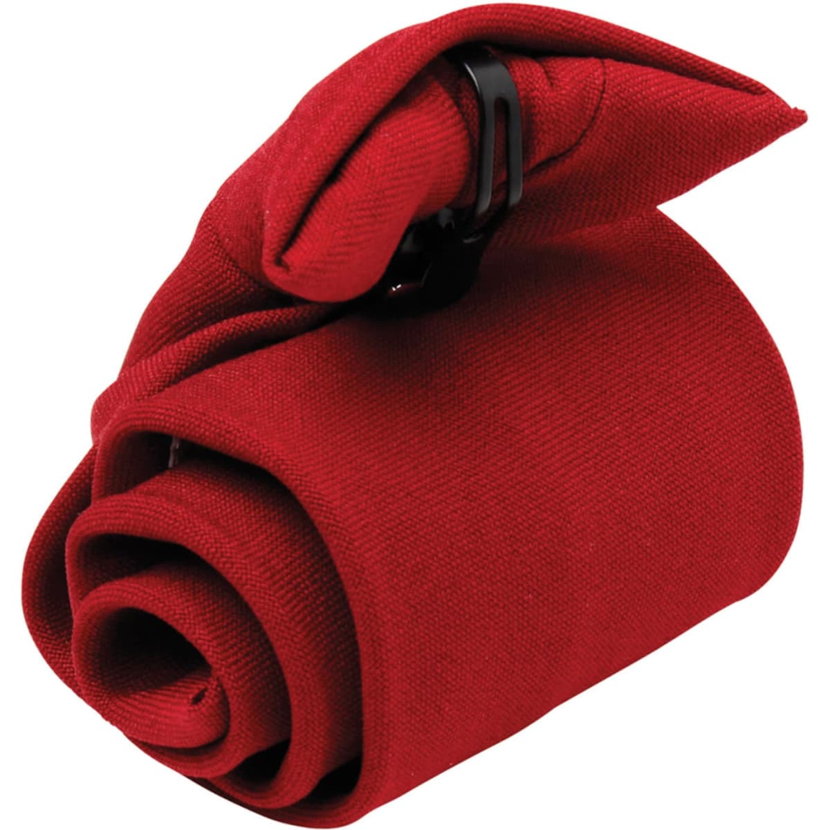 A red tie is neatly rolled and secured with a black clip. The fabric has a textured appearance.