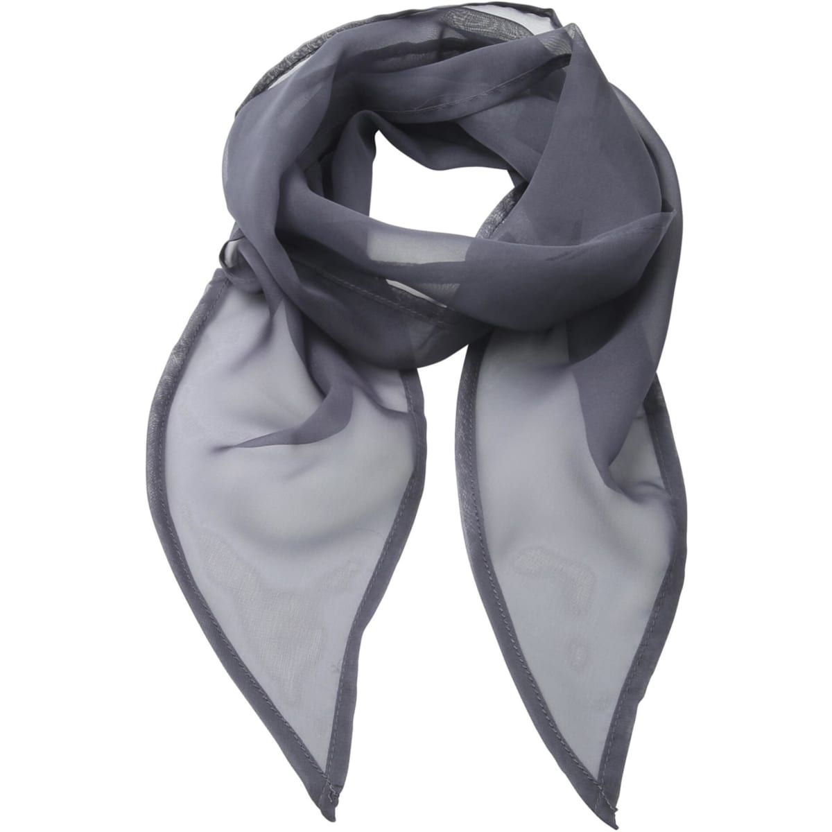 A grey chiffon scarf with a lightweight, sheer design, featuring pointed ends. It has a minimalist appearance.