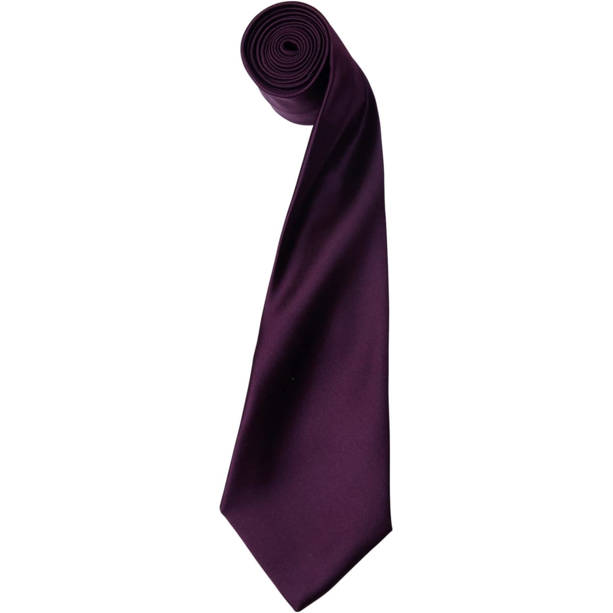 A purple satin tie rolled up, featuring a sleek, smooth texture and a pointed end. It includes a logo.