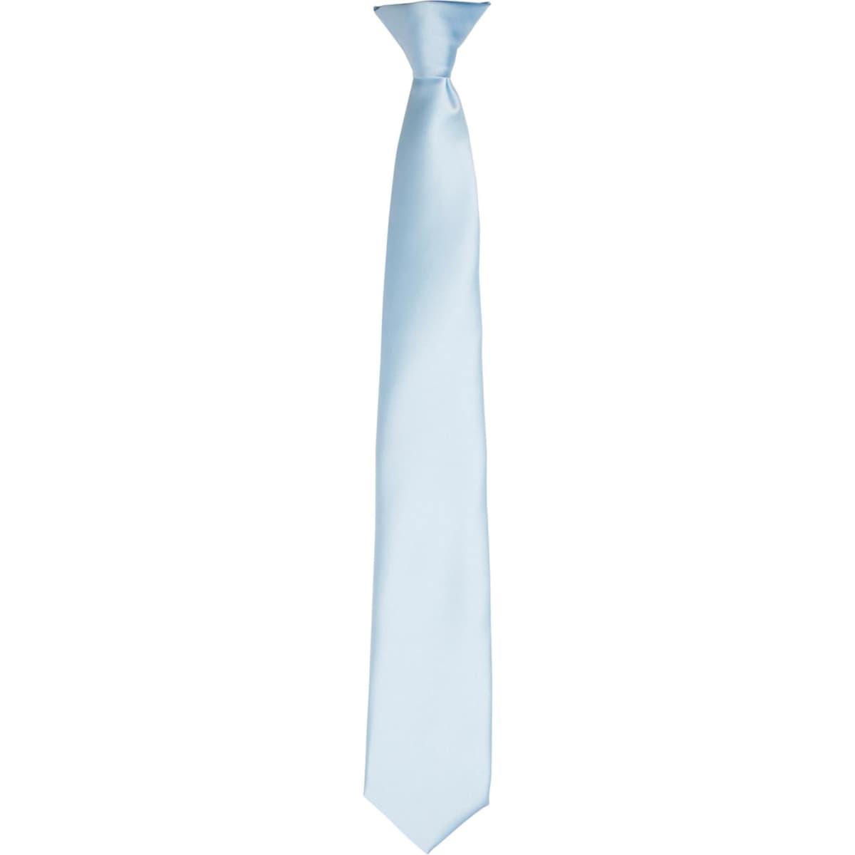 A light blue satin clip tie with a sleek finish, featuring a simple design and a hidden logo.