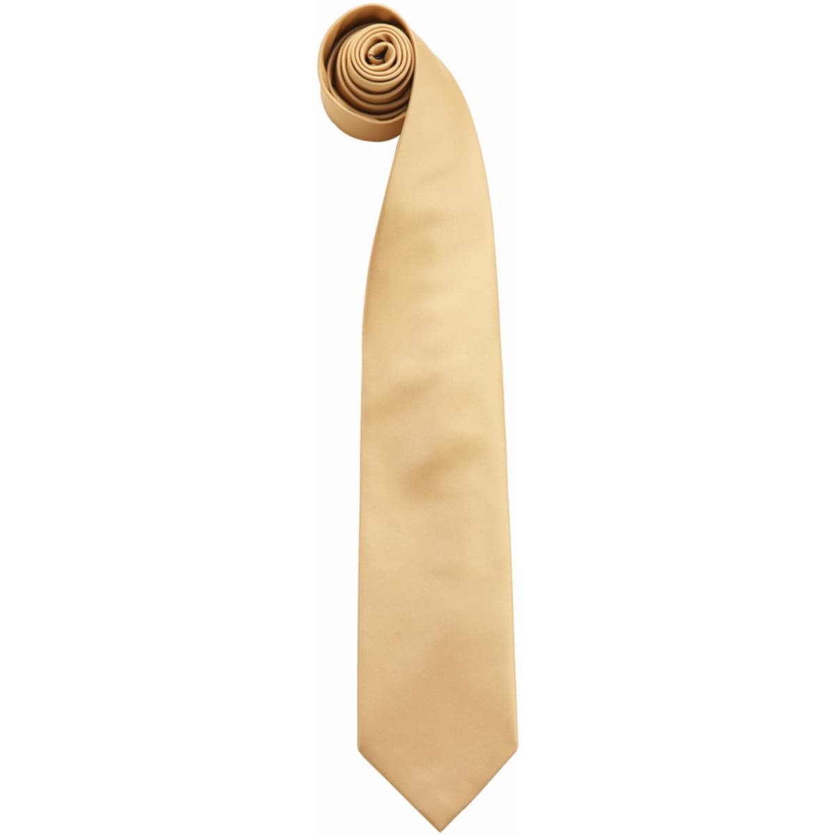 A rolled tie in a light beige colour, featuring a smooth texture and a pointed end. It has a logo on it.