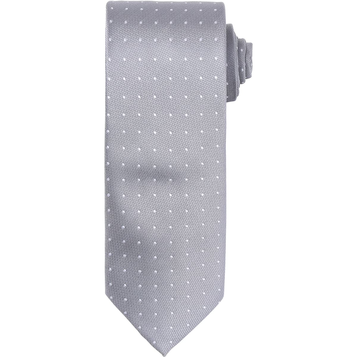 A grey tie with a micro dot pattern, featuring a pointed end and a rolled tie design, complete with a logo.