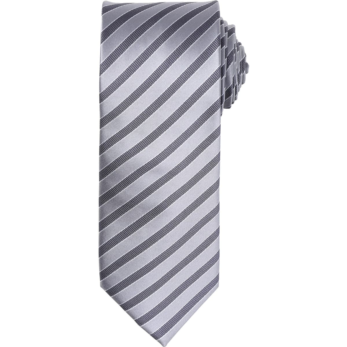 A grey tie featuring a double stripe pattern and a textured design. Includes branding on the label.