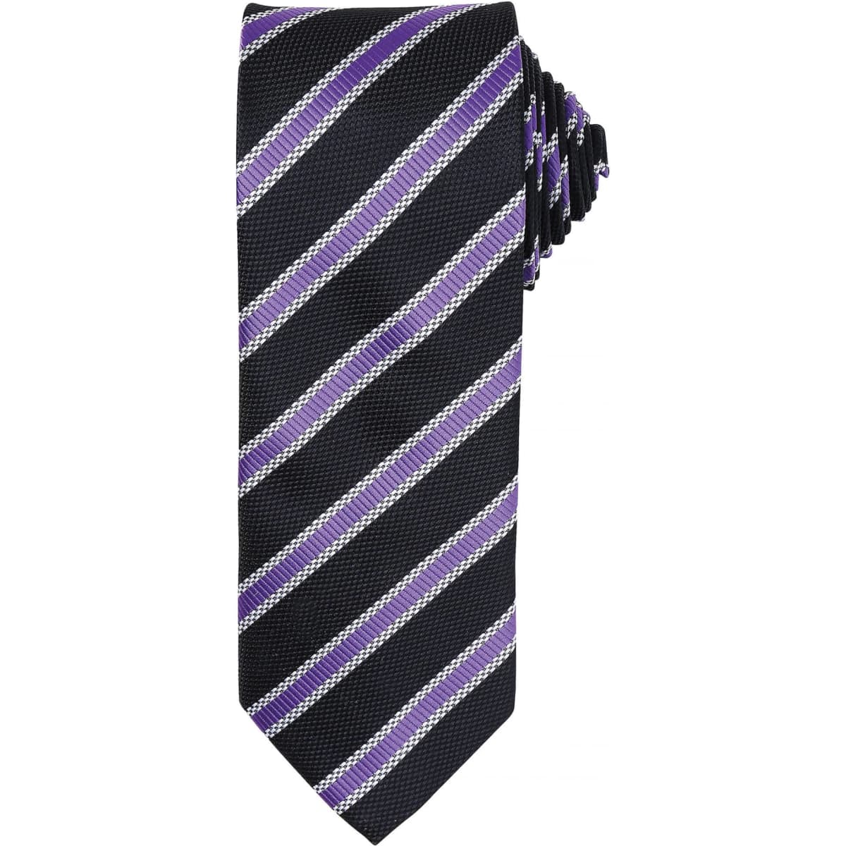 A Waffle Stripe Tie in black with purple and silver stripes, featuring a rolled tie design. It has a logo.
