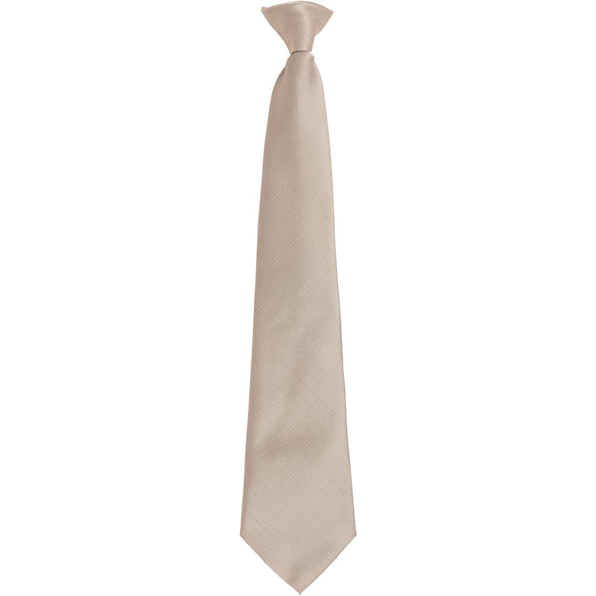 A beige tie with a sleek design, featuring a branding logo. Perfect for formal occasions and clothing accessories.