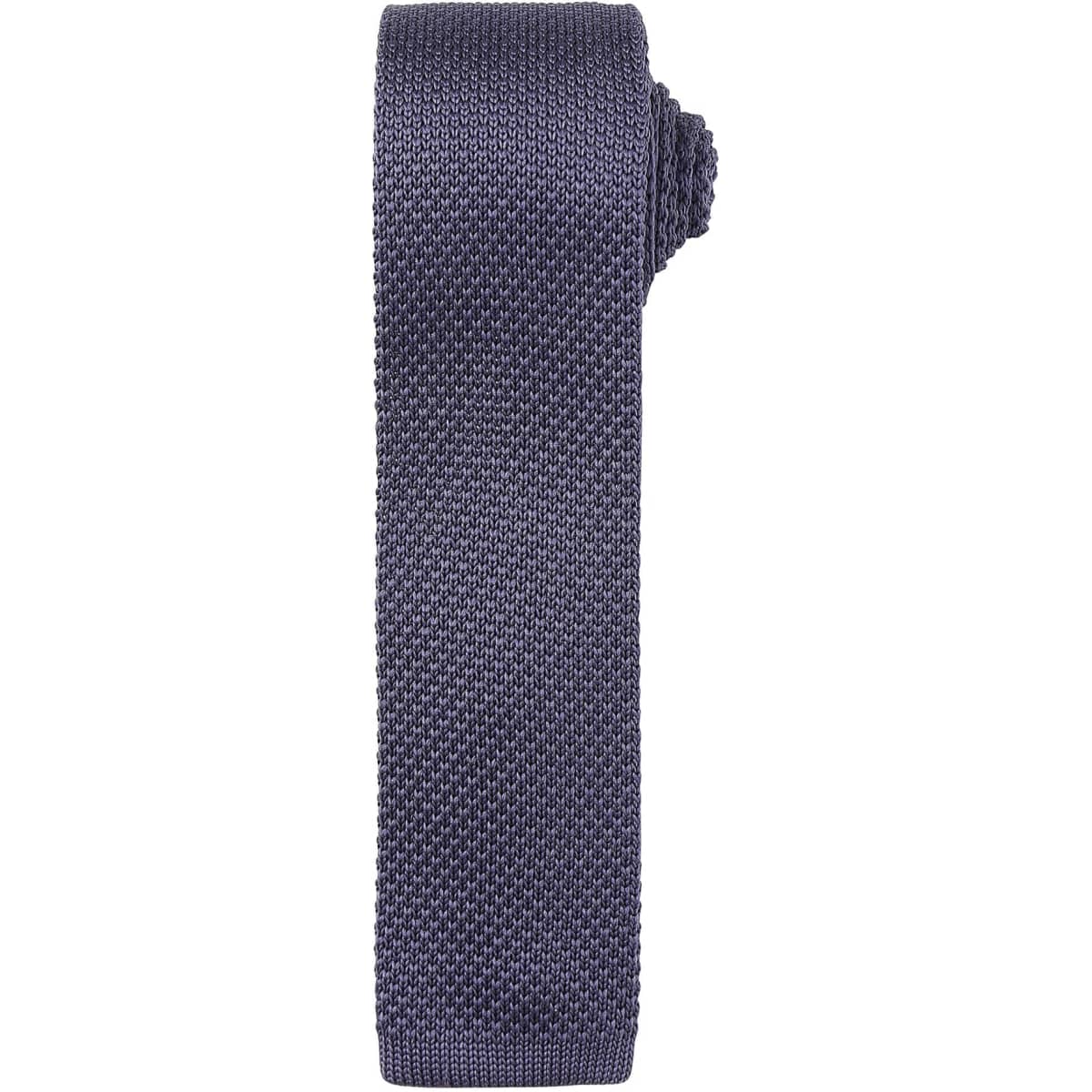 A slim knitted tie in a dark navy colour with a textured pattern, featuring a branding logo.