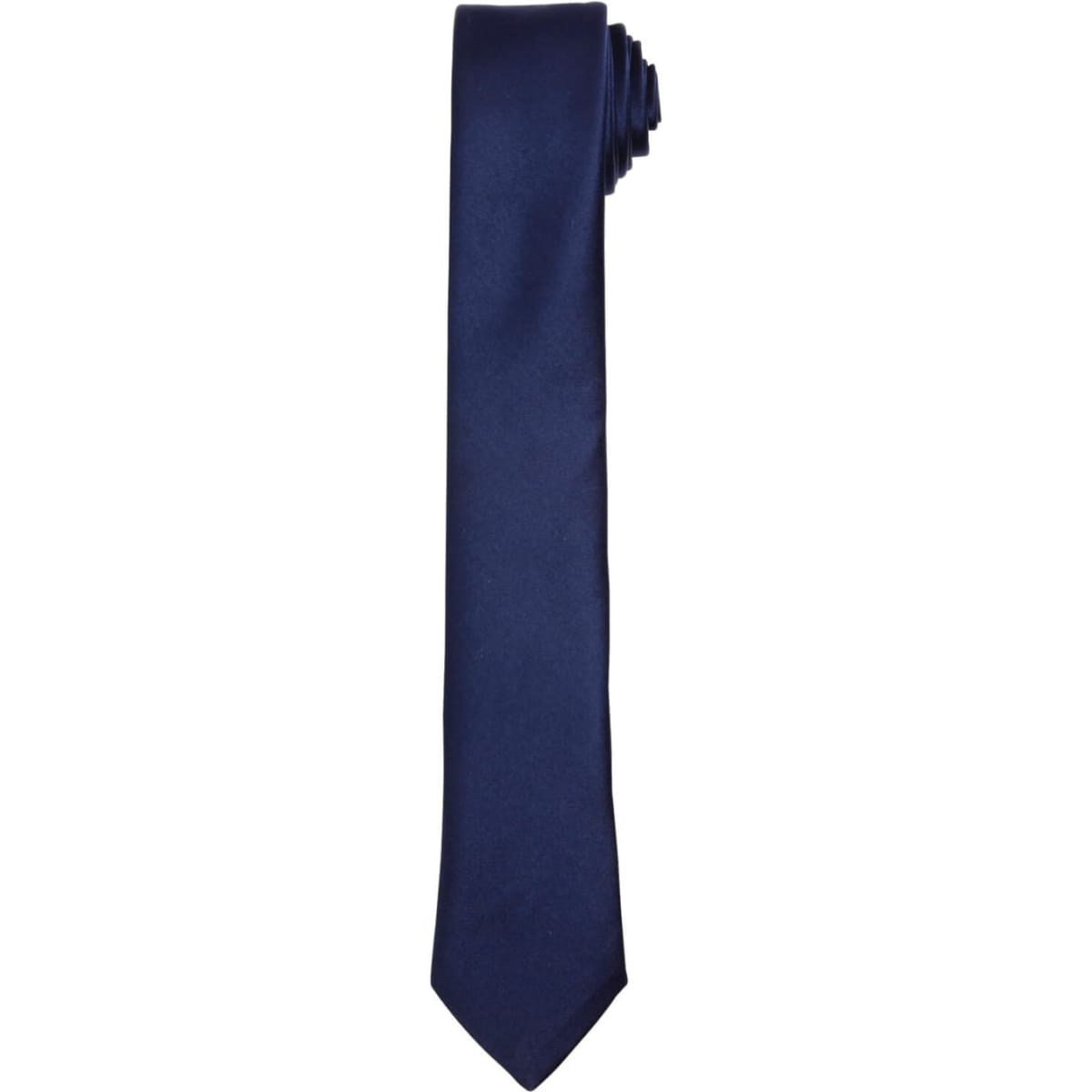 A navy slim tie with a smooth finish, neatly rolled at one end. The tie has a simple, elegant design.