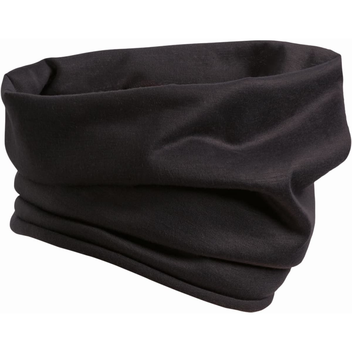 A black Snood face covering in a tubular design, made from soft fabric. The product has a logo.