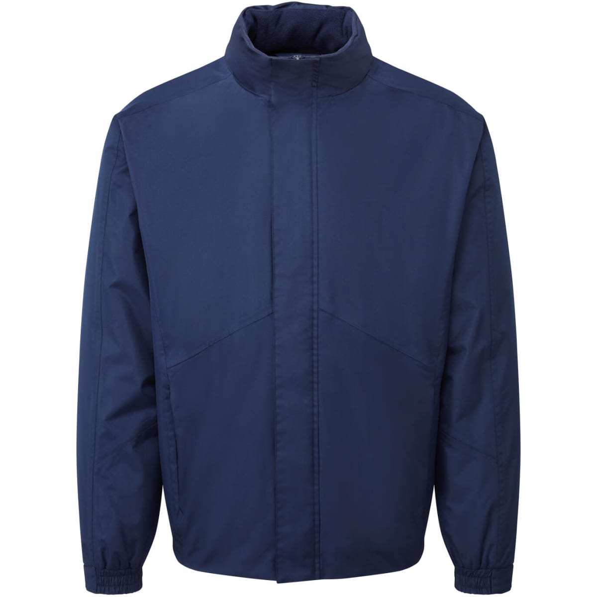 A navy waterproof jacket featuring a high collar and long sleeves, with a logo present. Suitable for rainy conditions.