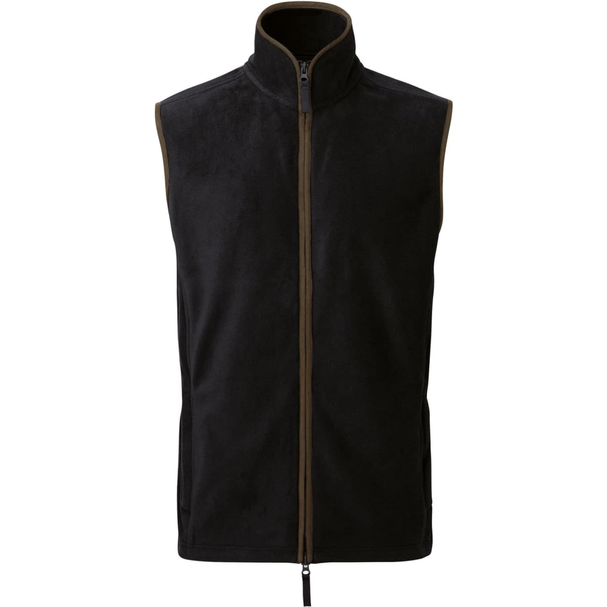 A black fleece vest featuring a zip front and high collar, designed for warmth and comfort. It has a logo on it.
