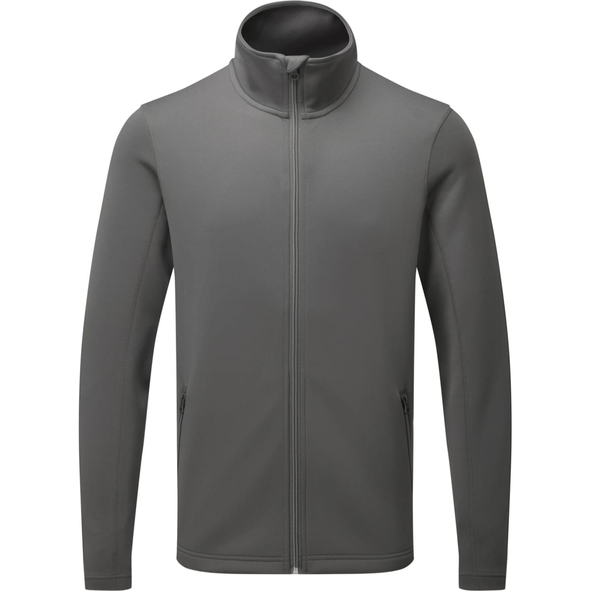 A grey men's sustainable zip sweatshirt with a high collar and side pockets, featuring a branding logo.