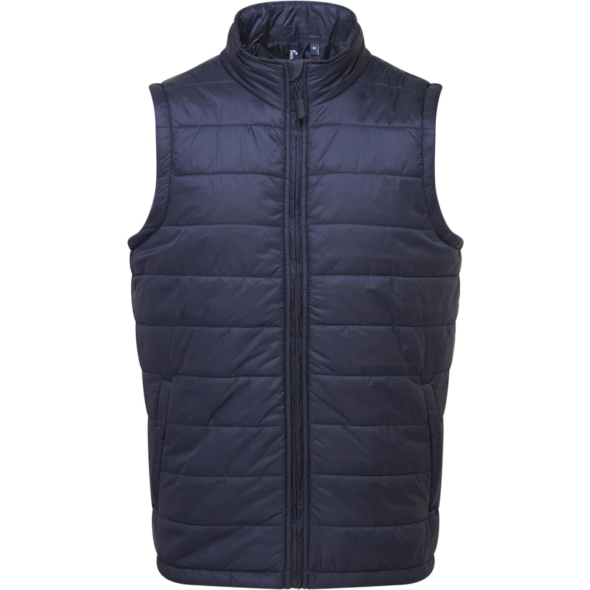 A padded vest in navy blue with a zip front and no sleeves, featuring a logo on the upper part.