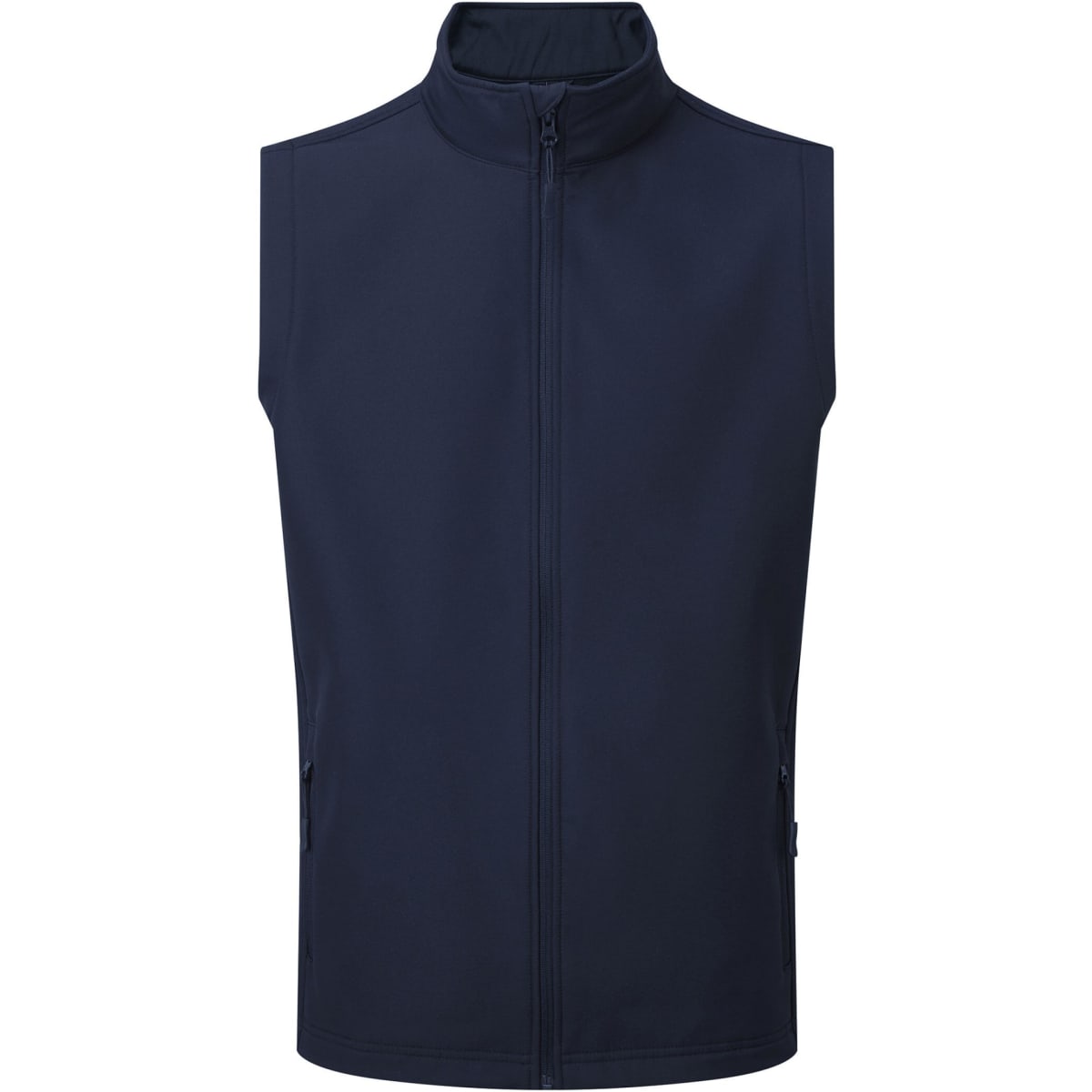 A navy Windchecker Vest with a high collar and zip closure, featuring side pockets and a branded logo.