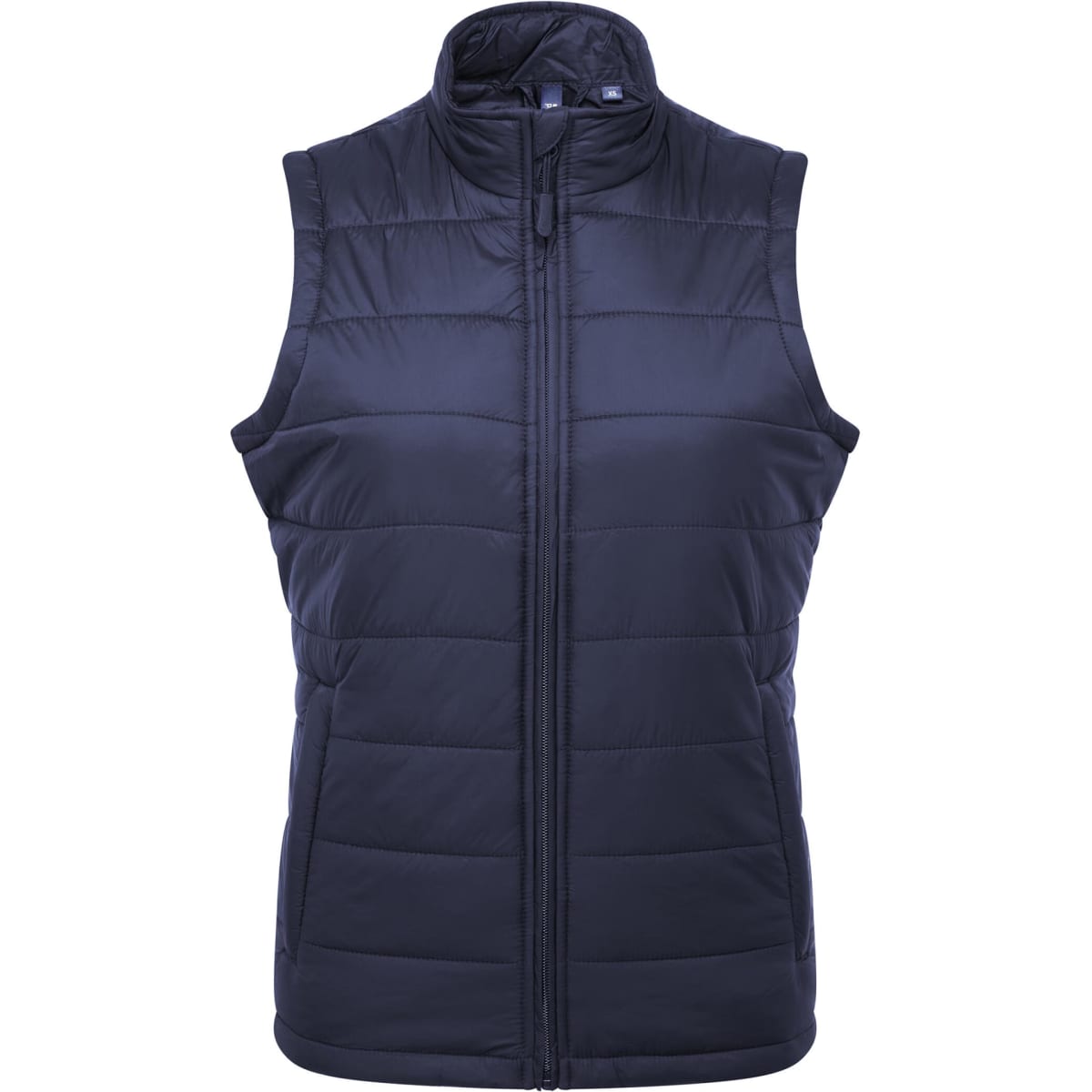 A dark navy padded vest with a high collar and zip front closure. Features stitching details and brand logo.