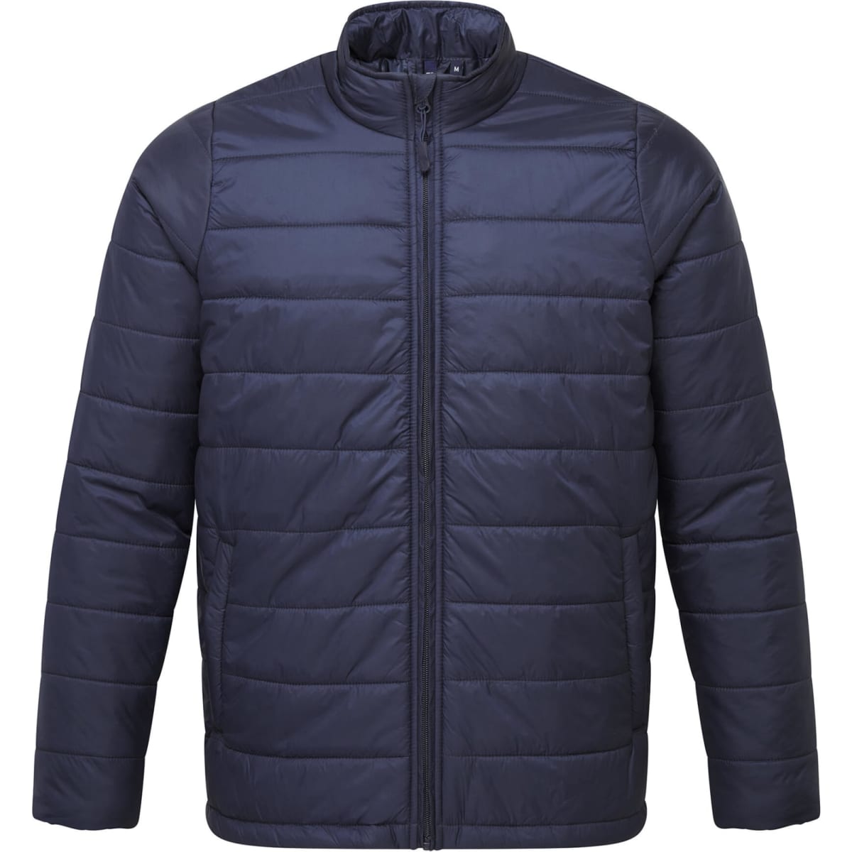 A navy padded jacket featuring a zip front and horizontal quilted design. It has a logo on the chest.