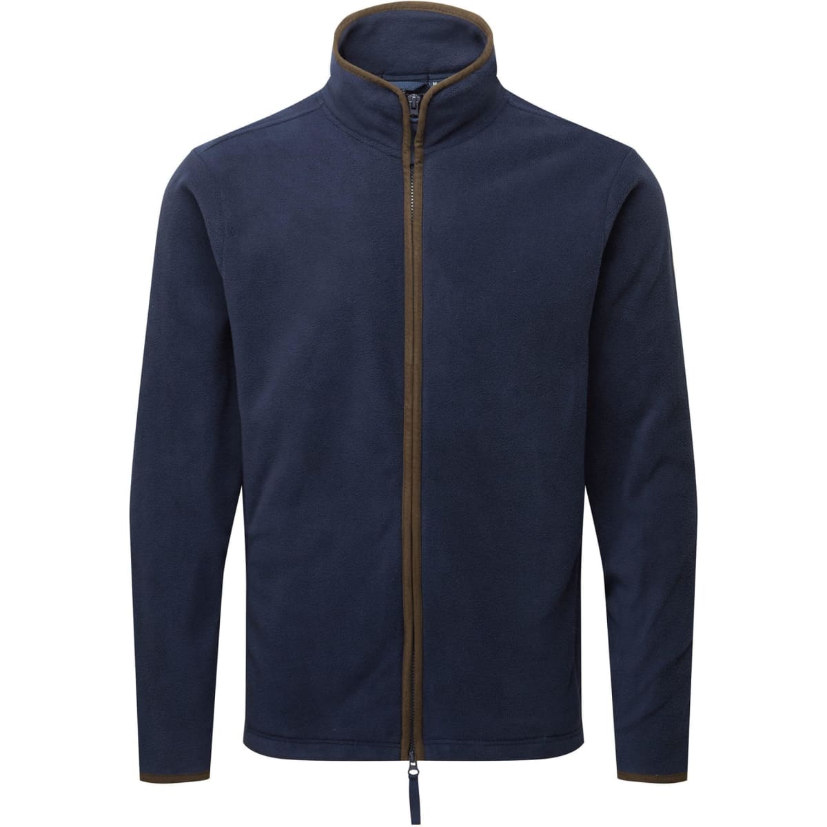 A navy blue polar fleece jacket featuring a zip front and contrasting trim. It has a logo on the chest.