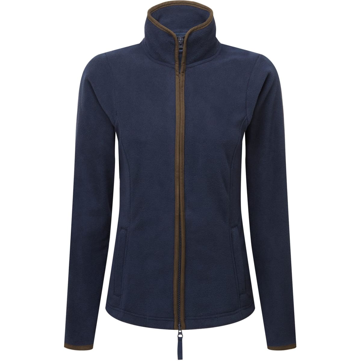 A women's navy polar fleece jacket with a zip front, high collar, and contrasting trim. Features pockets and a logo.