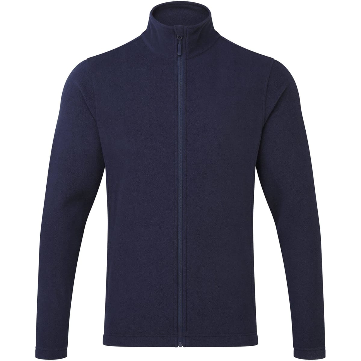A navy microfleece jacket with a high collar and full zip closure, featuring long sleeves and a logo.