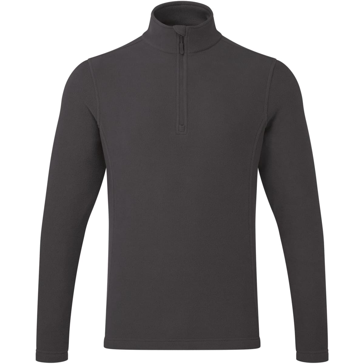 A dark grey microfleece 1/4 zip pullover with long sleeves, featuring a collar and a logo.