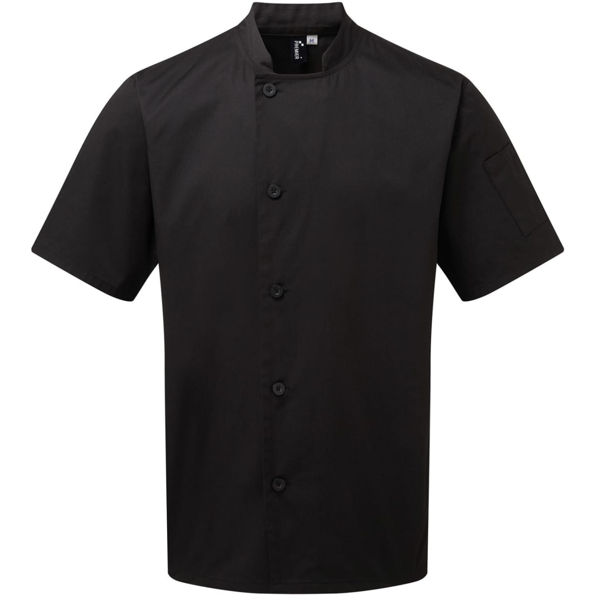 A black short-sleeve chef's jacket with a stand-up collar and button closure, featuring a pocket on the sleeve.