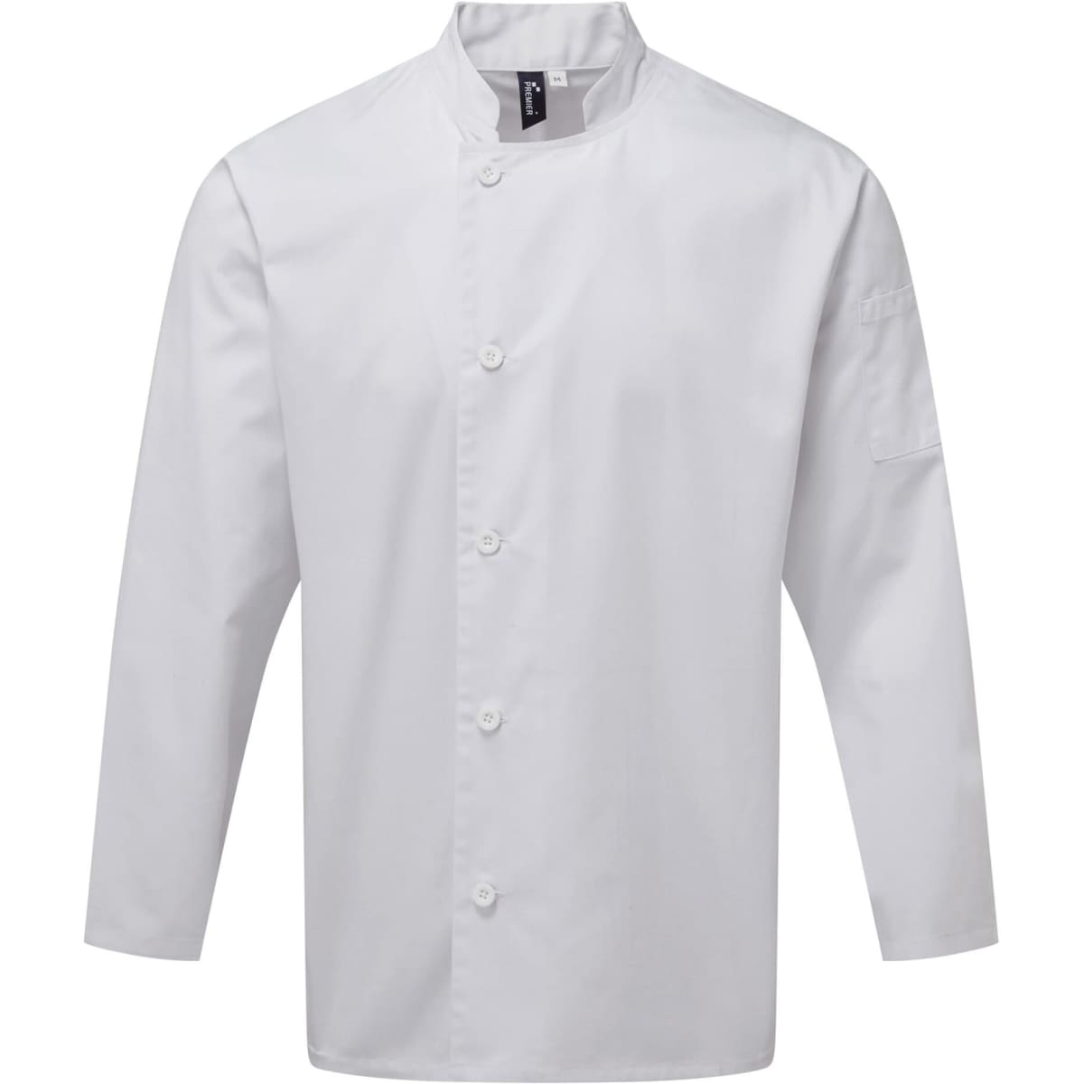 A white chef's jacket with long sleeves and a mandarin collar, featuring a logo on the left side.