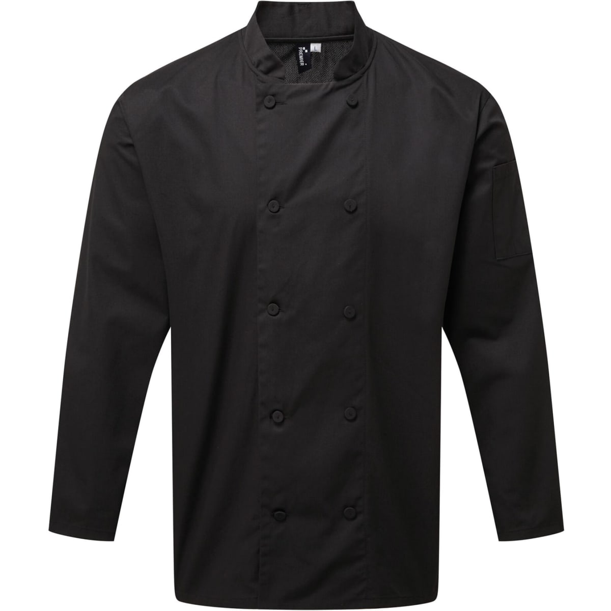 A black chef's jacket featuring a double-breasted design and long sleeves, with one sleeve pocket and a logo.