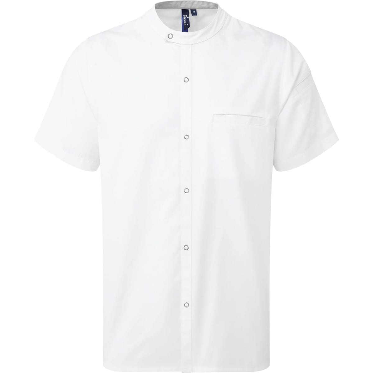 A short-sleeved, white chef's shirt with a high collar and a front pocket. It features a logo on the label.