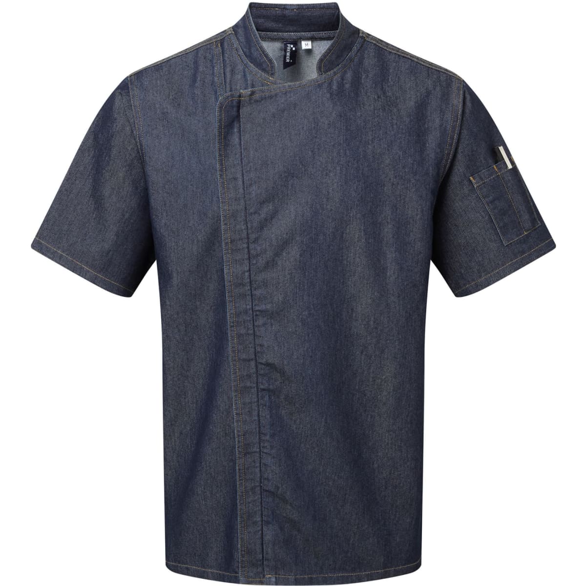A dark blue short-sleeve chef's jacket with a pocket and a logo on the sleeve.