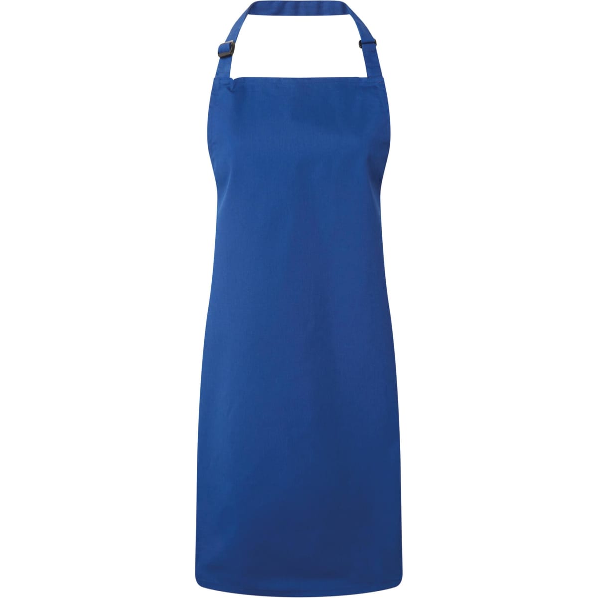 A blue antimicrobial bib apron with an adjustable neck strap and a plain design. It features a logo.
