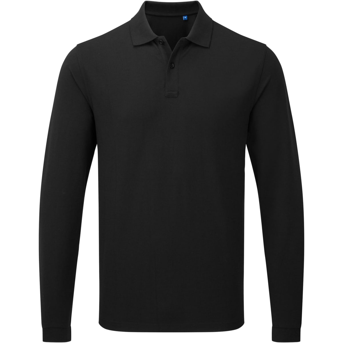 A black long-sleeve polo shirt with a collar and a logo on the chest.