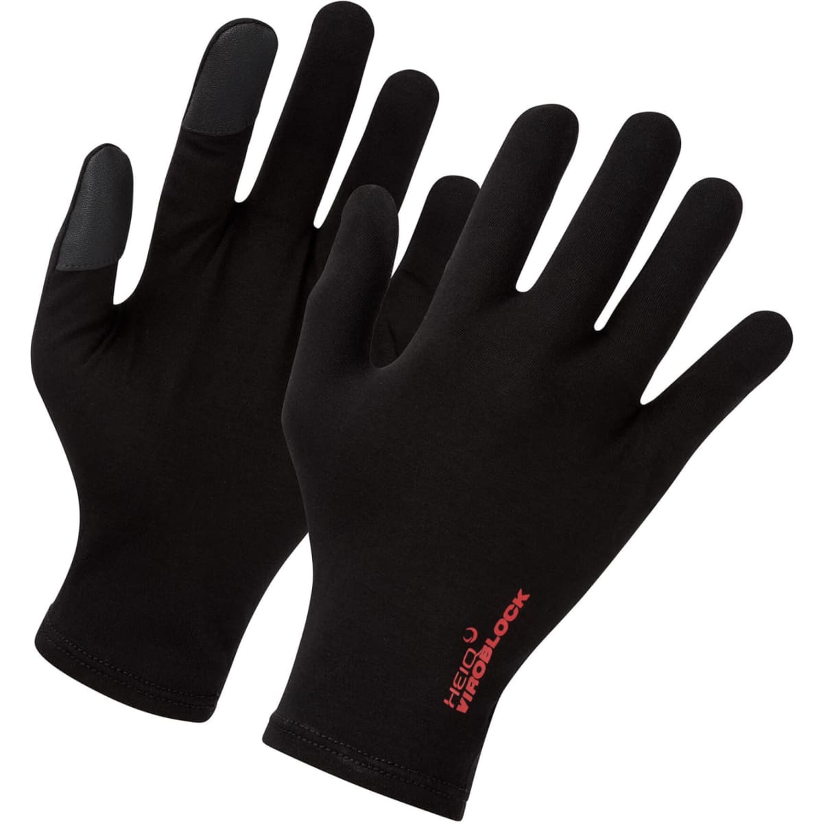 A pair of black gloves made from a smooth material with textured fingertips and a logo.