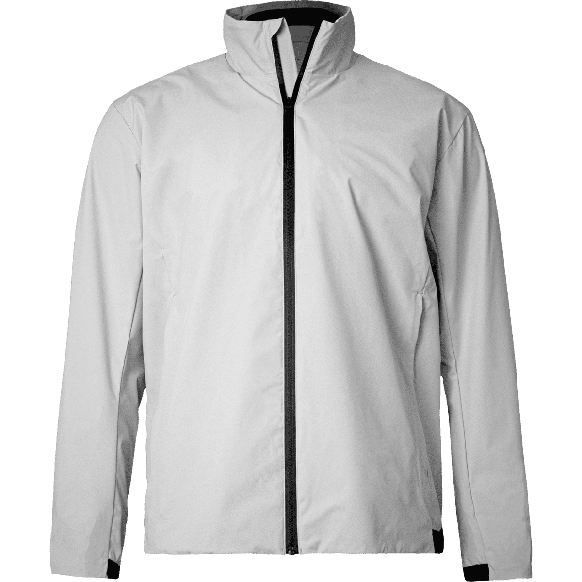 A light grey men's jacket with a high collar and zip front, featuring a logo on the chest.