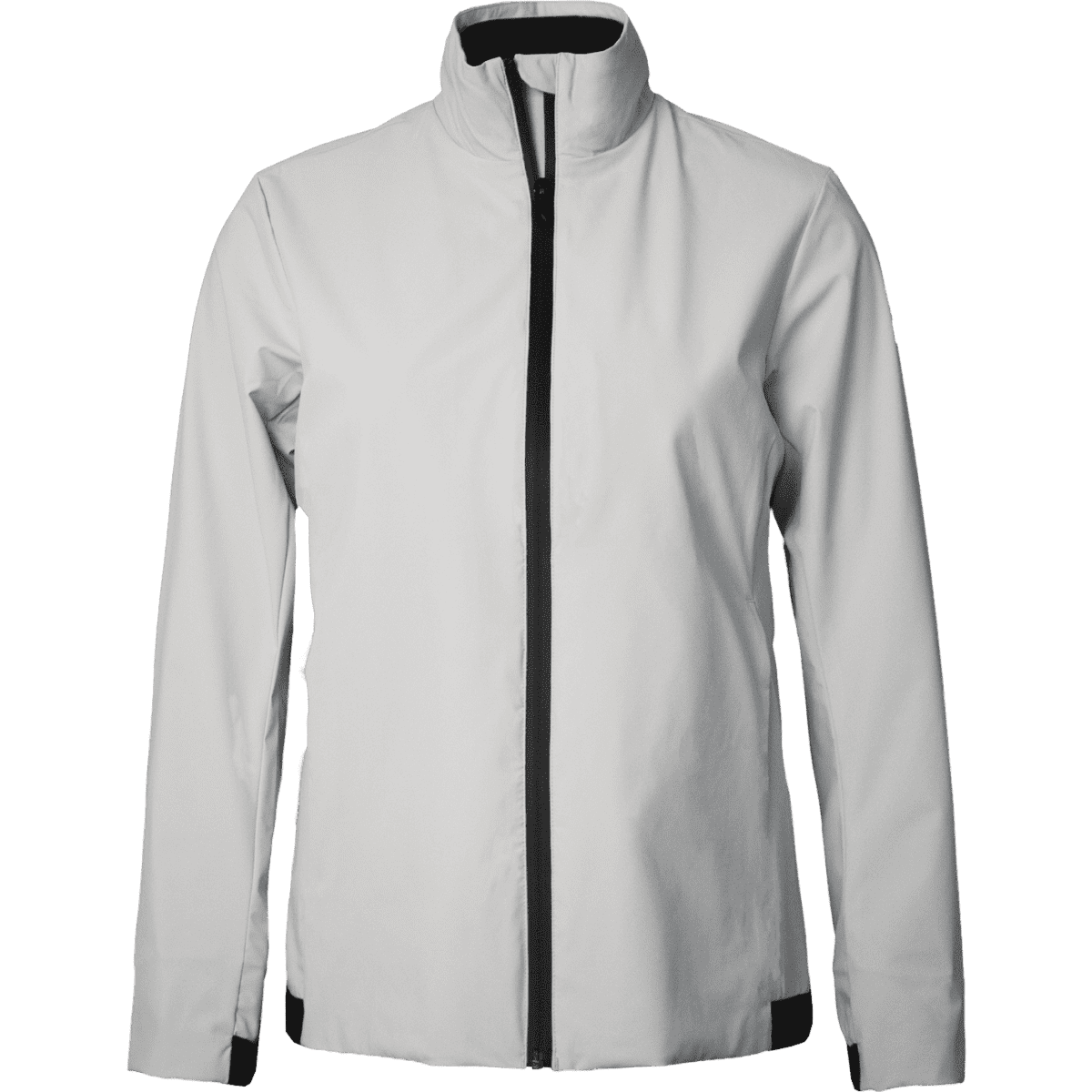 A women's jacket in light grey with black zipper and details, featuring a high collar and long sleeves.