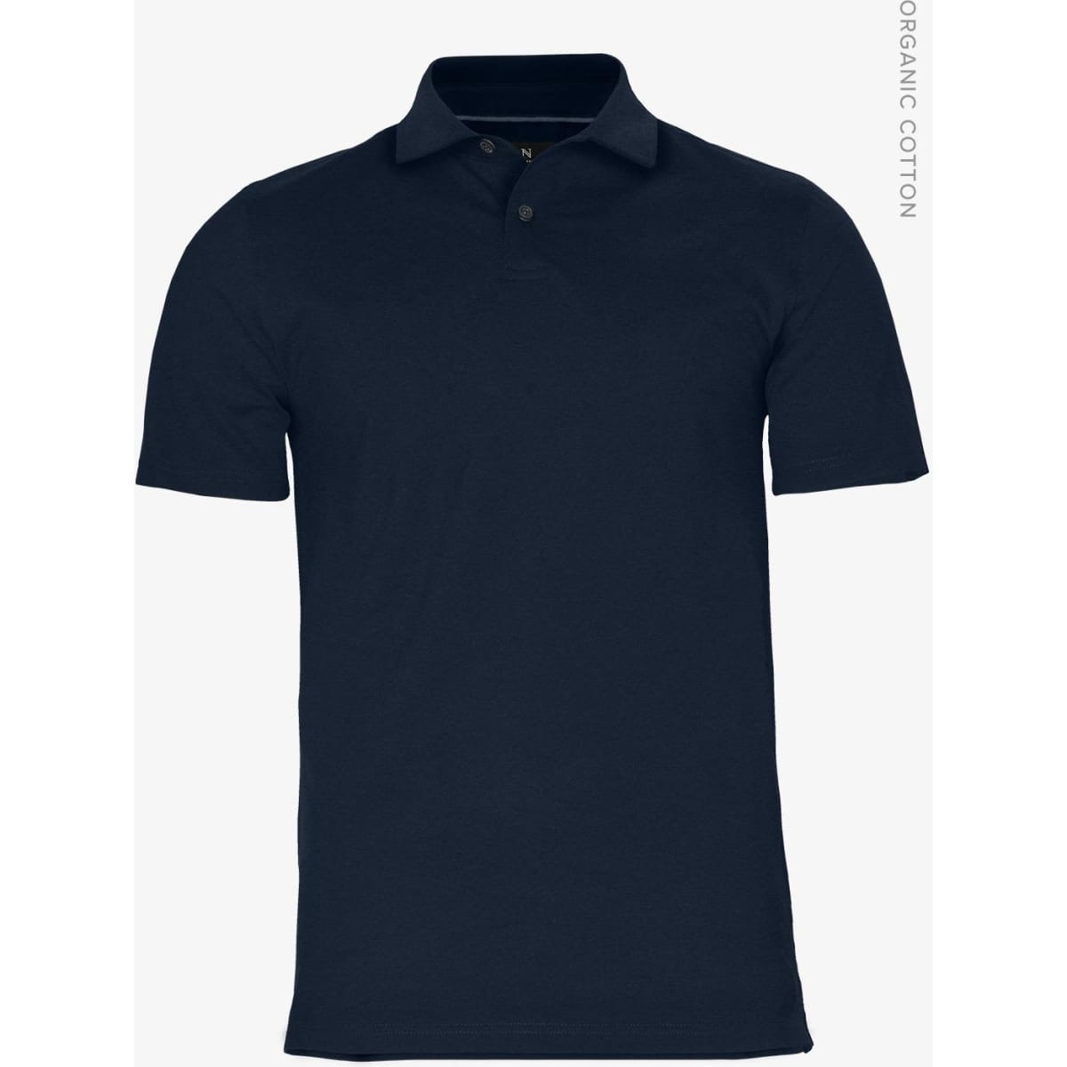 A navy polo shirt made from organic cotton, featuring a collar and short sleeves, with a logo present.