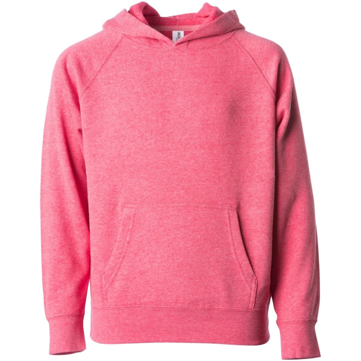 A pink toddler pullover hoodie with a front pocket and a hood, featuring a logo on the label.