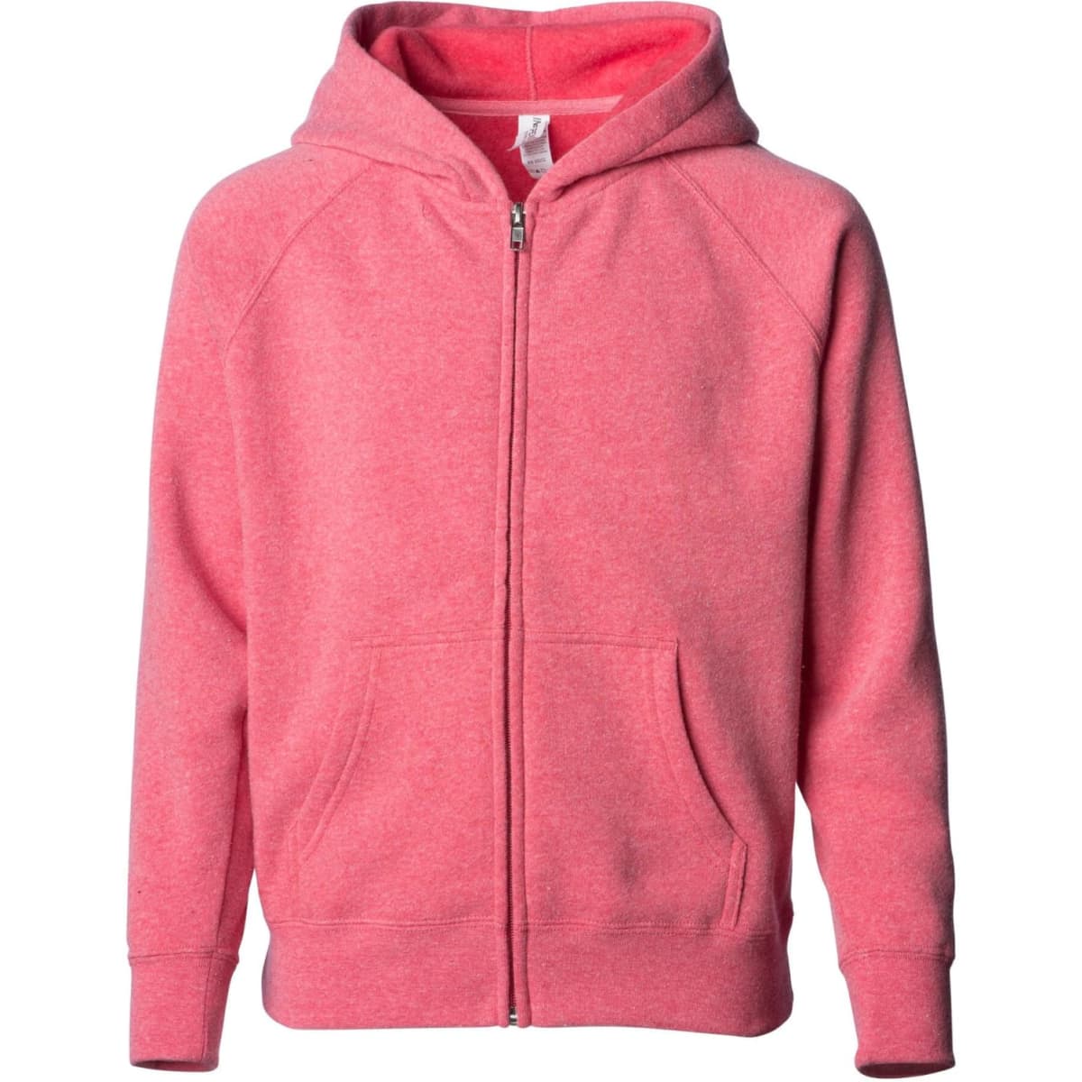 A pink zip hoodie for toddlers featuring a hood and front pockets, with a logo present on the garment.