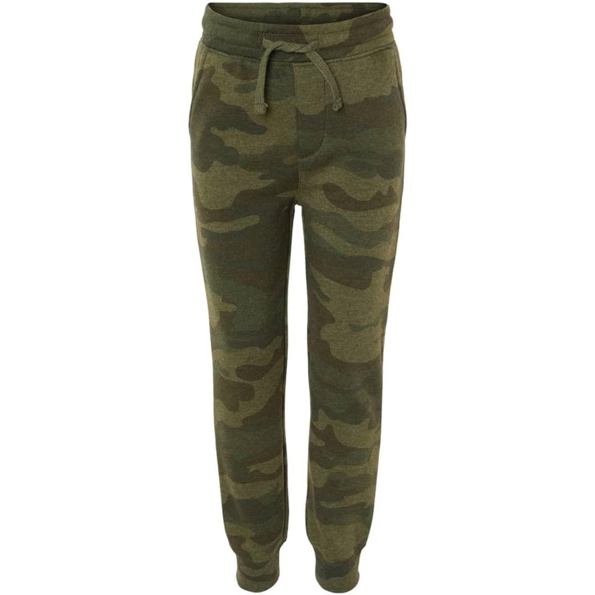 Camo-patterned green toddler sweatpants with an elastic waistband and drawstring. Features a logo on the waistband.