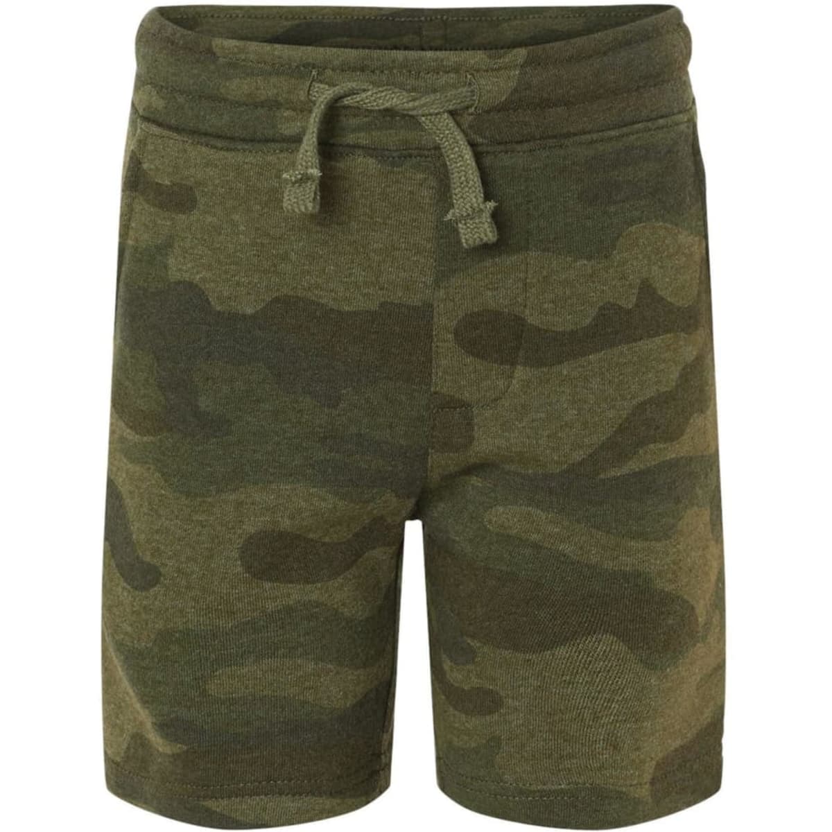 A pair of green camo sweatshorts with an elastic waistband and drawstring. Features a branding logo.